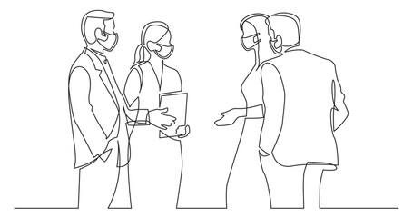 continuous line drawing of standing businee people wearing face masks discussing deal