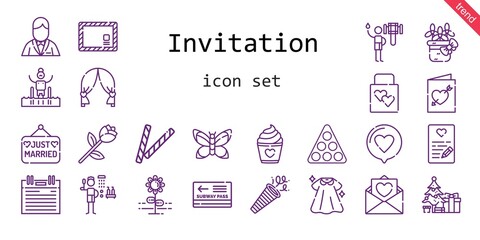 invitation icon set. line icon style. invitation related icons such as love, shower, dress, confetti, groom, just married, pass, wedding gift, christmas tree, pool, agenda, decorative, flower