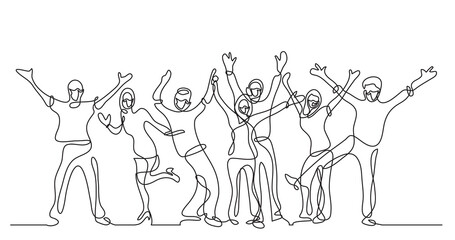 continuous line drawing of happy cheerful crowd of people wearing face masks