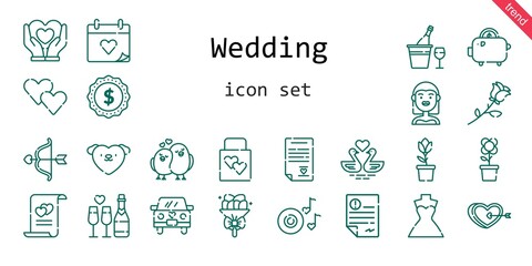 wedding icon set. line icon style. wedding related icons such as bride, love, wedding dress, wedding gift, wedding day, bouquet, tulip, label, swans, heart, flower, wedding car, cupid, romantic 