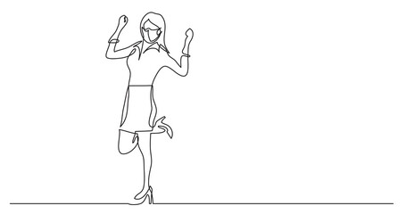 continuous line drawing of happy cheering woman wearing face mask
