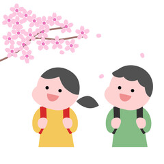 桜と新入生の小学1年生イラスト素材