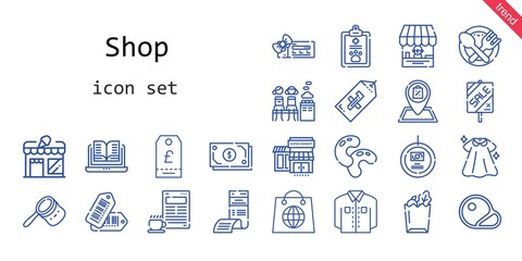 shop icon set. line icon style. shop related icons such as dress, shop, voucher, bag, bill, steaks, store, food, tags, sale, shirt, open book, beans, coffee, paper bag, tag, supermarkets, cash, pet, 