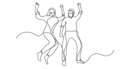 continuous line drawing of happy couple of man and woman wearing face masks