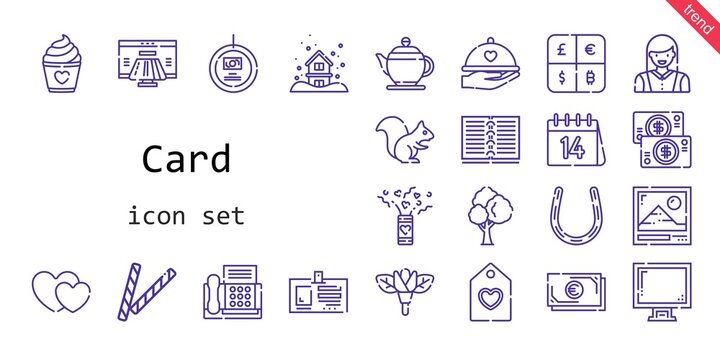 card icon set. line icon style. card related icons such as payment method, confetti, woman, display, tree, photo, teapot, snowing, decorative, dinner, flower, horseshoe, id card, squirrel, money