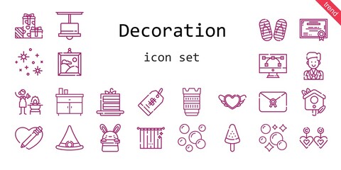 decoration icon set. line icon style. decoration related icons such as cake slice, groom, curtains, certificate, lamp, stars, heart, popsicle, bird house, witch hat, painting, letter, price tag