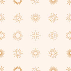 Boho Golden Sun naadloze patroon in minimale voeringstijl. Vector roze achtergrond voor stofafdrukken, omslag, verpakking