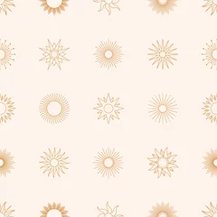 Wallpaper murals Boho style Boho Golden Sun Seamless Pattern in Minimal Liner Style. Vector Pink Background for Fabric print, Cover, Wrapping