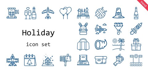 holiday icon set. line icon style. holiday related icons such as calendar, gift, rising, balloons, bouquet, snowing, box, pilgrim, ball, mailbox, luggage, beach, airplane, hotel, champagne