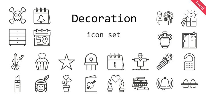 decoration icon set. line icon style. decoration related icons such as calendar, native american, brush, gift, eggs, confetti, violin, star, cutter, vase, bell, scarecrow, room, heart, plant, diode