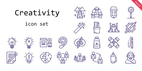creativity icon set. line icon style. creativity related icons such as creative process, idea, branding, oil paint, team, pencil, brain, pencil case, teamwork, road, magic wand, plato