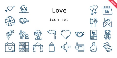 love icon set. line icon style. love related icons such as couple, father and son, potion, gender, candy, feeder, wedding day, lollipop, girl, heart, cupid, diamond, lips, wedding arch, tic tac toe
