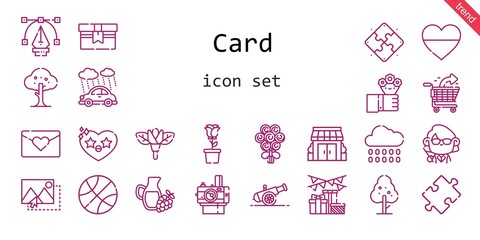 card icon set. line icon style. card related icons such as gift, rain, image, flowers, stores, cannon, tree, bouquet, photo camera, heart, flower, basketball, teacher, puzzle, shopping cart