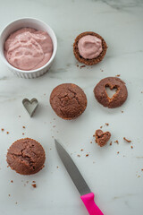 Chocolate Cupcakes decorated with sugar hearts for Valentine's Day