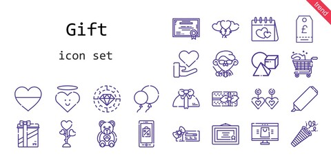 gift icon set. line icon style. gift related icons such as gift, love, confetti, balloons, voucher, certificate, heart, mobile shopping, online shop, diamond, teacher, highlighter, cubes, shopping 