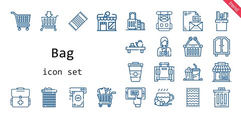 bag icon set. line icon style. bag related icons such as basket, shop, suitcase, beach towel, popcorn, briefcase, rucksack, first aid kit, store, pencil case, upermarket, trash, mobile shopping, tea