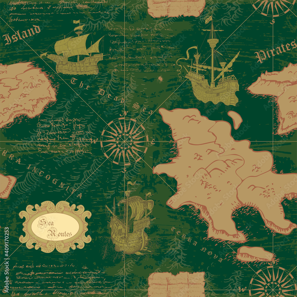 Poster vector image of an old sea map in the style of medieval engravings