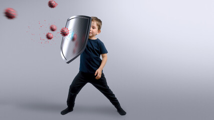 Child defends from viruses using a shield. Healthy immune system, protection against viruses.