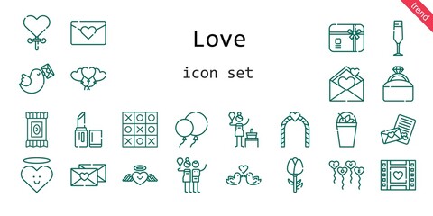 love icon set. line icon style. love related icons such as pigeon, gift card, engagement ring, balloons, candy, birch, lollipop, wedding video, lipstick, heart, champagne glass, milkshake