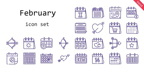 february icon set. line icon style. february related icons such as calendar, cupid, valentines day,