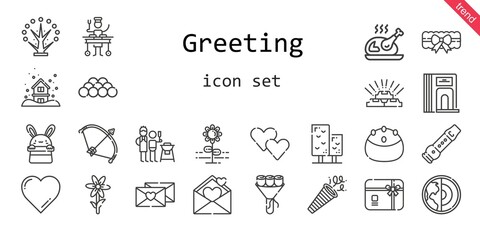 greeting icon set. line icon style. greeting related icons such as confetti, father and son, gift card, large, garter, tree, bouquet, snowing, bow, heart, flower, flute, gold, ball, divider, cake