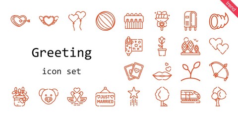 greeting icon set. line icon style. greeting related icons such as cards, just married, tree, bouquet, bow, wrapping, tulip, kiss, heart, swans, flower, pig, ball, cake, plant, ballons, letterbox