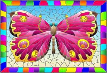 Illustration in stained glass style with a bright pink butterfly on a blue background in a bright frame, rectangular image