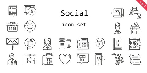 social icon set. line icon style. social related icons such as online shopping, shop, like, post it, message, employee, packs, journalist, online shop, notification, phone book, chat, web plugin