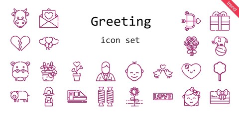 greeting icon set. line icon style. greeting related icons such as love, groom, balloons, tree, broken heart, bouquet, cow, lantern, heart, pig, flower, cupid, hippopotamus, love birds, plant, baby