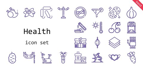 health icon set. line icon style. health related icons such as sponge, cherry, berry, rack, eye mask, test tube, mouthwash, fig, no smoke, stationary bike, layer, without, heart, filter