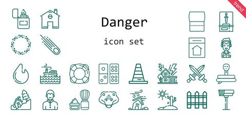 danger icon set. line icon style. danger related icons such as shaving brush, crocodile, storm,...