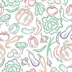 Seamless pattern on the theme of vegetables and healthy food, colour contour icons on a white background