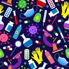 Seamless pattern on the theme of medicine and diseases, medical equipment and viruses, colored icons on a dark blue background