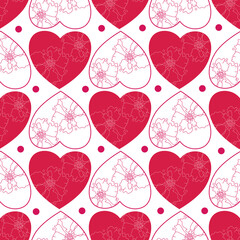 Seamless pattern with red hearts with flowers. Bouquet composition with hand drawn flowers. Vector romantic love illustration.
