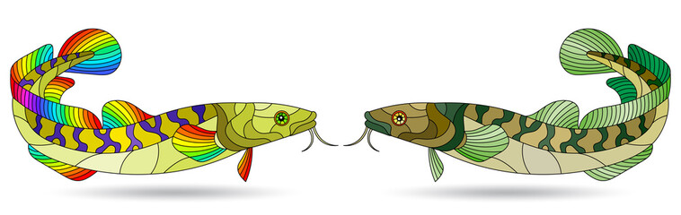A stained glass illustration with abstract burbot fish isolated on a white background