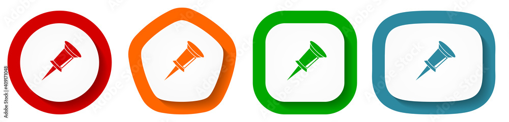 Poster pin vector icon set, flat design buttons on white background for webdesign and mobile applications