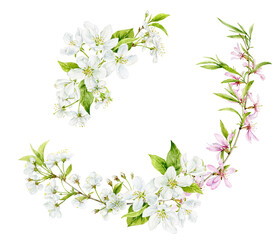 Delicate white spring cherry and almond flowers in a wreath. Watercolour illustration. A set of beautiful colors for your design