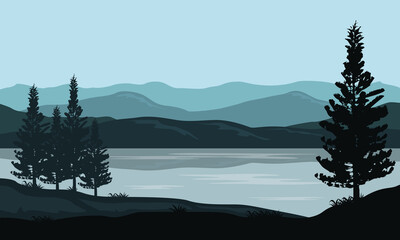 Realistic scenery of mountain landscape with silhouettes of trees in the river bank. Vector illustration