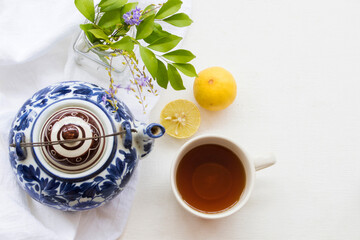herbal health care mix honey lemon with cough sore throat arrangement flat lay style on background...