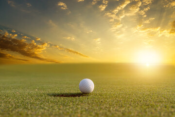 white golf ball on green grass at golf course ,sunlight ray blur green background.

