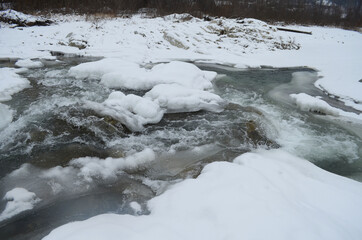 mountain river in wintertime. carpathian landscape with spruce forest and snow covered shore ukraine