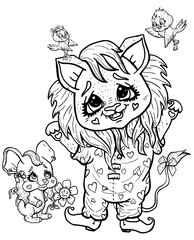 Cartoon isolated characters, mischievous little animals, cute baby lion with a fluffy mane, in pajamas with hearts and bow-knot on a tail, adorable mouse with flower and two small cheerful bird.