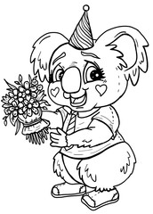 Cartoon isolated character, cute little festive koala with round head and ears, with cheeks - hearts, big eyes and nose, in a cap and a striped tie, with holiday flower bouquet in a paw.