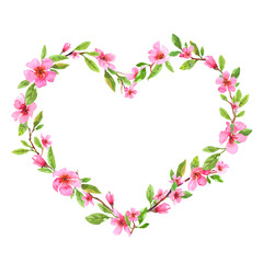 Fototapeta premium Watercolor cherry blossom flower hearth frame wreath. Sakura beautiful spring floral template. Valentines Day. Colorful illustration isolated on white