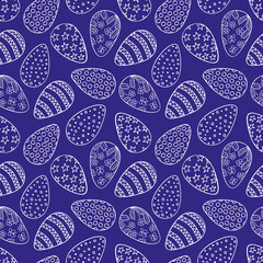 Easter pattern with decorated eggs in doodle style on dark blue background. Scrapbook paper, wrapping paper, fabric, textile designs.