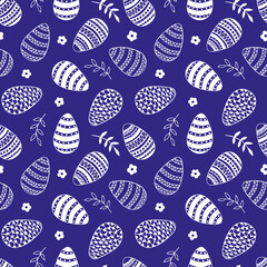 Easter pattern with decorated eggs, branches, leaves and flowers in doodle style on dark blue background. Scrapbook paper, wrapping paper, fabric, textile designs.
