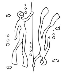 Freediving girl in fin swimming underwater, line art vector illustration on white background. Free diving minimalist banner template. Diving girl in swimwear and mask. Aquatic sport vacation activity