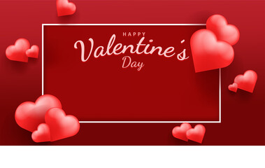Valentine's Day background with 3d hearts on red. Vector illustration. Cute love banner or greeting card. Place for text