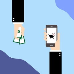 Hand holding smartphone with a cart or basket sign on a screen opposite with hand-holding banknote on the blue background using for bank transfer, online shopping, e-commerce concept.