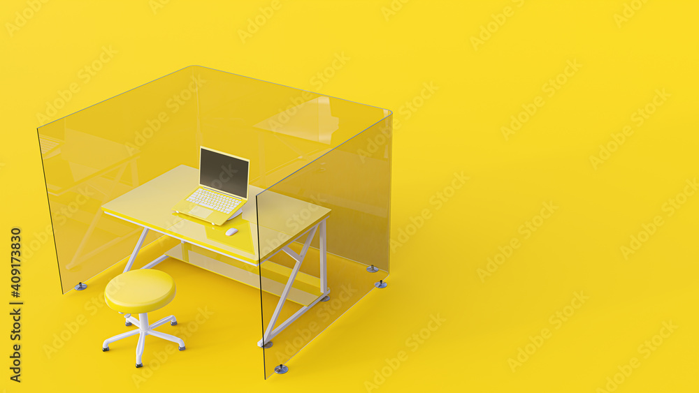 Poster minimal concept, computer on table with glass partition around the work desk. copy space for your te